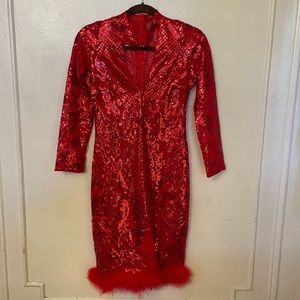 Dolly Parton red long sleeve midi dress with sequins and fur